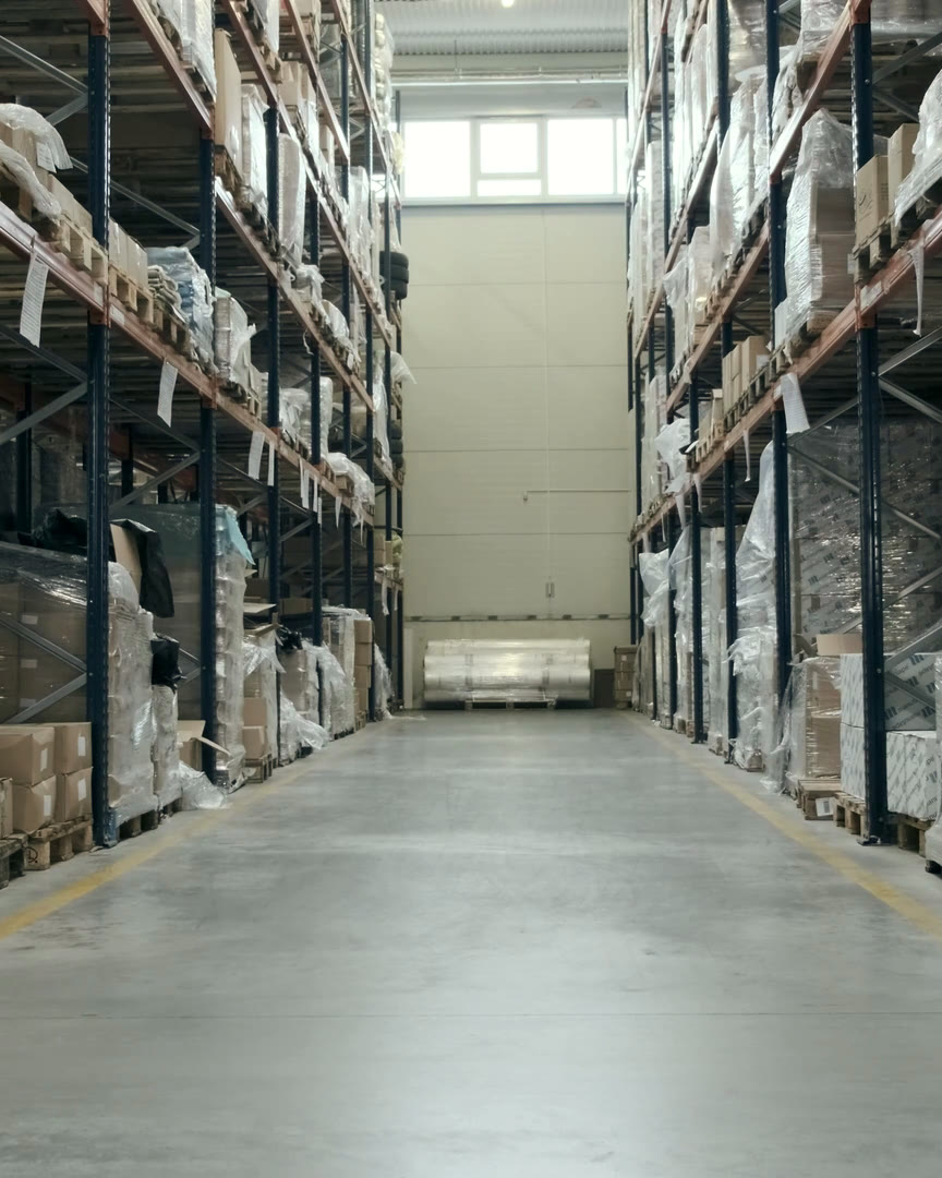 Neatly organized inventory shelving stocked with consumer products